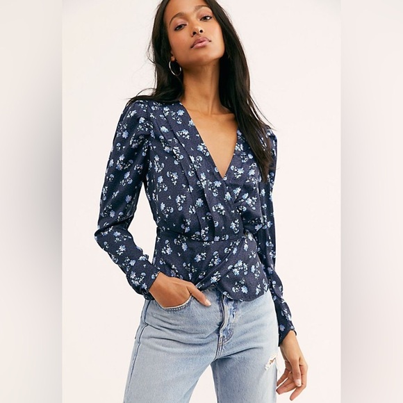 Free People Tops - Free People - A Night You Navy Floral Long Sleeve Wrap Blouse Size Small
